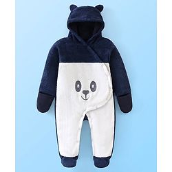 Babyhug Knitted Full Sleeves Winter Wear Hooded Romper with Panda Embroidery - Navy