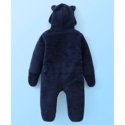 Babyhug Knitted Full Sleeves Winter Wear Hooded Romper with Panda Embroidery - Navy