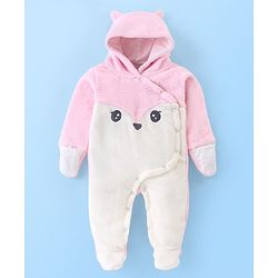 Babyhug Knit Full Sleeves Winter Wear Romper with Eyes Applique - Pink