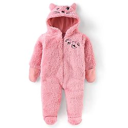 Babyhug Full Sleeves Hooded Winterwear Romper with Kitty Embroidered - Pink