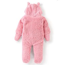Babyhug Full Sleeves Hooded Winterwear Romper with Kitty Embroidered - Pink