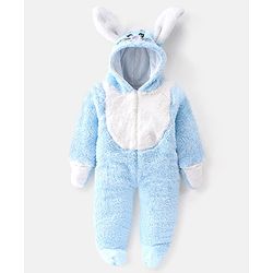 Babyhug Cotton Knit Winter Wear Full Sleeves Hooded Romper with Kitty Design & Bunny Ears - Blue
