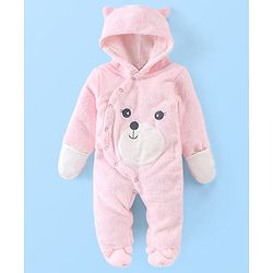 Babyhug Knitted Full Sleeves Hooded Winter Wear Romper with Teddy Applique - Pink