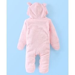 Babyhug Knitted Full Sleeves Hooded Winter Wear Romper with Teddy Applique - Pink