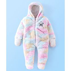 Babyhug Full Sleeves Winter Wear Tie Dye Hooded Romper - Pink Blue & White