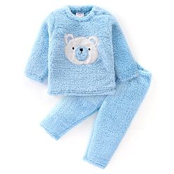 Babyhug Full Sleeves Winter Wear Top & Pajama Set Teddy Applique - Blue
