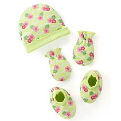 Babyhug 100%  Cotton Cap Mittens And Booties Floral Print -  Green