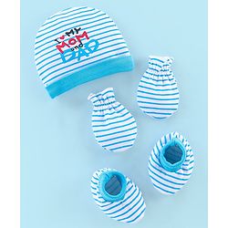 Babyhug 100% Cotton Knit Striped Cap Mittens & Booties Set Blue - Diameter 10 cm