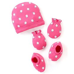 Babyhug 100% Cotton Cap Mittens And Booties Floral Print -  Pink