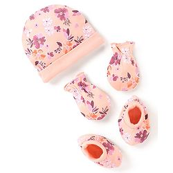 Babyhug 100% Cotton Knit Flower Printed Cap Mittens & Booties Set- Peach