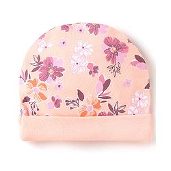 Babyhug 100% Cotton Knit Flower Printed Cap Mittens & Booties Set- Peach