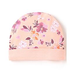 Babyhug 100% Cotton Knit Flower Printed Cap Mittens & Booties Set- Peach