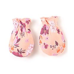 Babyhug 100% Cotton Knit Flower Printed Cap Mittens & Booties Set- Peach