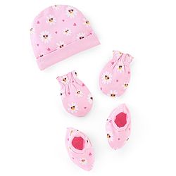 Babyhug 100% Cotton Cap Mittens And Booties Floral Print Pink - Diameter 9.5 cm