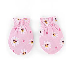 Babyhug 100% Cotton Cap Mittens And Booties Floral Print Pink - Diameter 9.5 cm