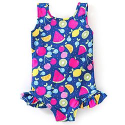Babyhug Sleeveless V Cut Swimsuit Apple Print - Navy Blue