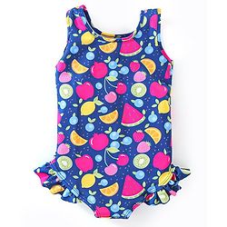 Babyhug Sleeveless V Cut Swimsuit Apple Print - Navy Blue