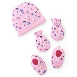 Babyhug 100% Cotton Cap Mittens & Booties Floral Print- Pink
