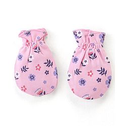 Babyhug 100% Cotton Cap Mittens & Booties Floral Print- Pink