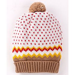 Babyhug Woollen Caps with Pompom & Polka Dot Design White - Diameter 10 cm