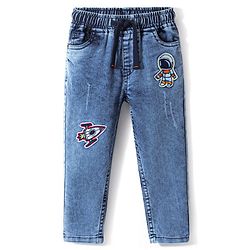 Babyhug Cotton Denim Full Length Stretchable Joggers Space Theme Embroidery - Blue