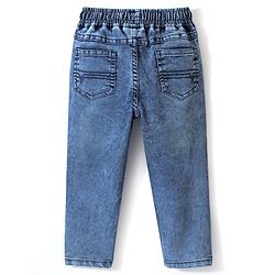 Babyhug Cotton Denim Full Length Stretchable Joggers Space Theme Embroidery - Blue