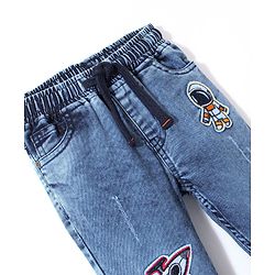 Babyhug Cotton Denim Full Length Stretchable Joggers Space Theme Embroidery - Blue