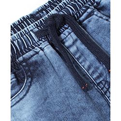 Babyhug Cotton Denim Full Length Stretchable Joggers Space Theme Embroidery - Blue