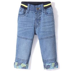 Babyhug Cotton Full Length Denim with Stretch Jeans Leafs Print   Fly With Zipper -  Blue