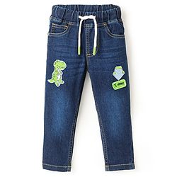 Babyhug Denim Full Length Washed Stretch Jeans Dino Embroidery - Blue