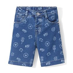 Babyhug Cotton Above Knee Length Washed Stretchable Denim Barmuda Aeroplane Print - Blue
