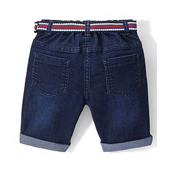 Babyhug Cotton Above Knee Length Washed Stretchable Denim Barmuda Boat Embroidery - Dark Blue