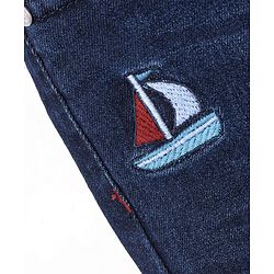 Babyhug Cotton Above Knee Length Washed Stretchable Denim Barmuda Boat Embroidery - Dark Blue