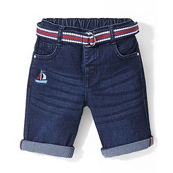 Babyhug Cotton Above Knee Length Washed Stretchable Denim Barmuda Boat Embroidery - Dark Blue