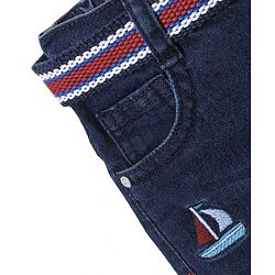 Babyhug Cotton Above Knee Length Washed Stretchable Denim Barmuda Boat Embroidery - Dark Blue