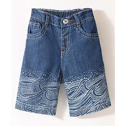 Babyhug Cotton Spandex Above Knee Length Stretchable Washed Denim Bermuda Wave Print - Blue