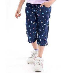 Babyhug Cotton Spandex Ankle Length Stretchable Washed Denim Capri Star Print - Blue