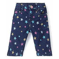 Babyhug Cotton Spandex Ankle Length Stretchable Washed Denim Capri Star Print - Blue