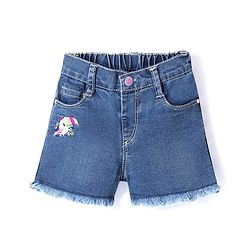 Babyhug Cotton Above Knee Length Stretchable Washed Denim Shorts Bird Embroidery - Blue
