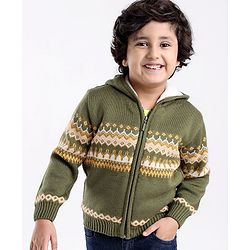 Babyhug Knit Full Sleeves Hooded Sweater Argyle Design - Olive Green
