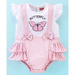 Babyhug 100% Cotton Half Sleeves Onesie with Bow Applique and Butterfly Print - Pink