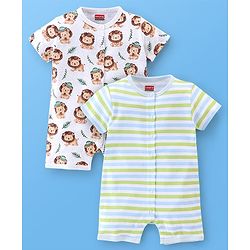 Babyhug 100% Cotton Half Sleeves Romper Lion & Stripes Print Pack of 2- White & Green