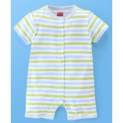 Babyhug 100% Cotton Half Sleeves Romper Lion & Stripes Print Pack of 2- White & Green
