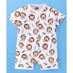 Babyhug 100% Cotton Half Sleeves Romper Lion & Stripes Print Pack of 2- White & Green