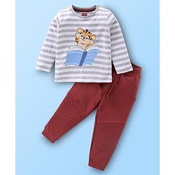 Babyhug Single Jersey Full Sleeves Striped T-Shirt & Lounge Pant Set Cub Print - Grey & Maroon Wine
