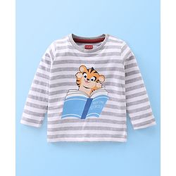 Babyhug Single Jersey Full Sleeves Striped T-Shirt & Lounge Pant Set Cub Print - Grey & Maroon Wine