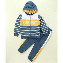 Babyhug 100% Cotton Full Sleeves Hooded T-Shirt & Lounge Pants With Text Embroidery - White & Blue
