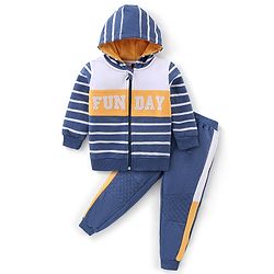 Babyhug 100% Cotton Full Sleeves Hooded T-Shirt & Lounge Pants With Text Embroidery - White & Blue