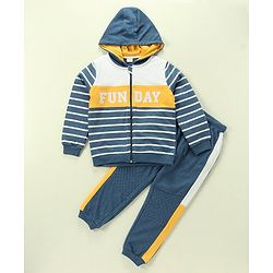 Babyhug 100% Cotton Full Sleeves Hooded T-Shirt & Lounge Pants With Text Embroidery - White & Blue