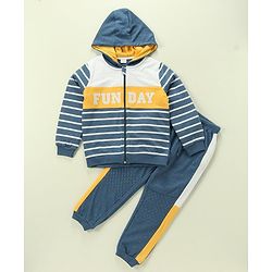 Babyhug 100% Cotton Full Sleeves Hooded T-Shirt & Lounge Pants With Text Embroidery - White & Blue